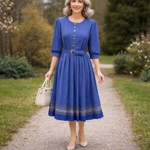 Vtg Breli Originals Pleated Secretary Dress Womens 8 Belted Floral Modest Union